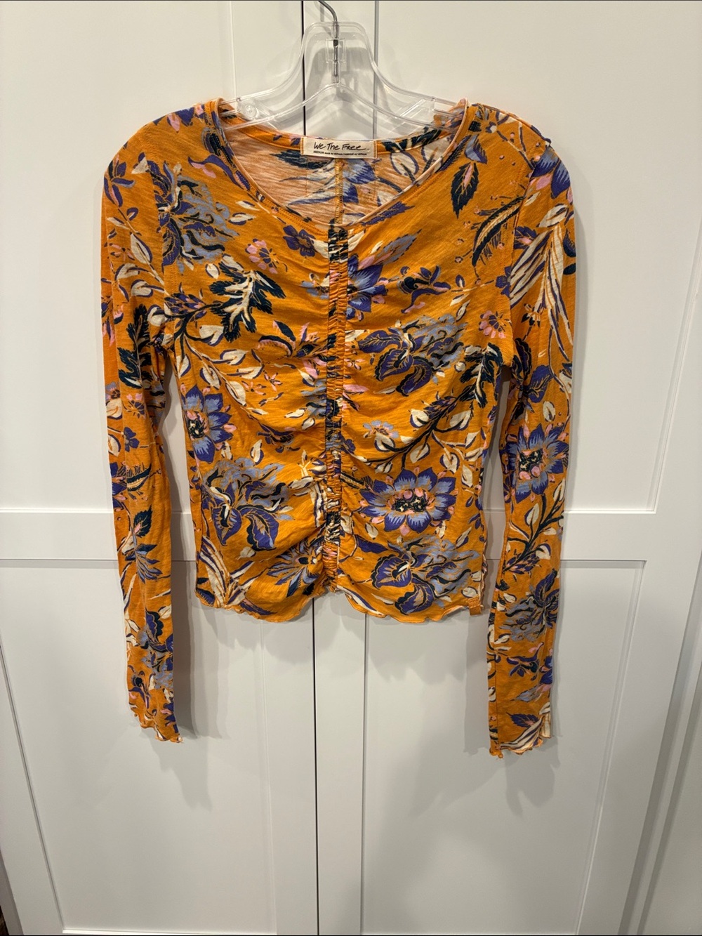 We The Free Orange Floral Ruched Long-Sleeve Top with Purple Accents